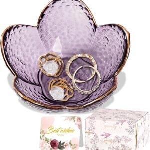 Purple Flower Jewelry Dish Glass Ring Holder Dish Jewelry Tray Cute Vanity Organizer Aesthetic Nightstand Bathroom Room Decor Trinket Dish Mothers Day Friendship Christmas Birthday Gifts for Women