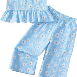 Kucnuzki Baby Girl Clothes Toddler Girl Summer Outfits Cami Ruffle Halter Tops Wide Leg Pants Kids Floral Clothing Set