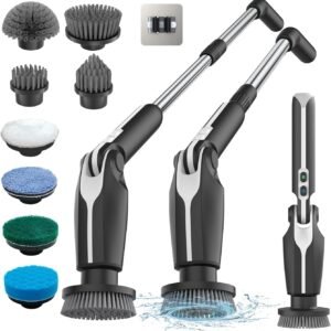 Leebein Electric Spin Scrubber, Shower Scrubber with 4 Adjustable Angles and 8 Brush Heads, Electric Scrubber with Long Handle & Remote Controller, Cleaning Brush for Bathroom, Tub, Floor (Black)