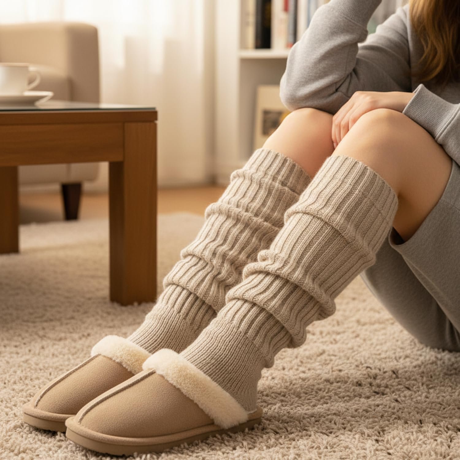 2-Pair Brown & Khaki Leg Warmers, Knit Stackable Ankle Sleeves for Women's Seasonal Wear - Image 2