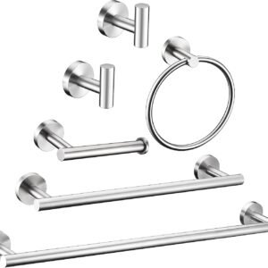 6 Pieces Brushed Nickel Bathroom Hardware Accessories Set Hand Towel Ring 16&23.6 inch Round Towel Bar Silver Toilet Paper Holder Towel Hooks 2 Pieces SUS 304 Stainless Steel,Heavy Duty,Wall Mounted