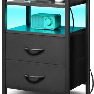 Lazzanto Night Stand Bedside Charger Bedroom – Nightstand with Charging Station & LED Light Strip, Night Stand with Storage Shelf & 2 Fabric Drawers, Morden End Table with U-S-B Ports & AC Outlets