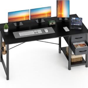 Sweetcrispy 47 Inch Computer Desk with Drawers for Home Office, Writing Desk with X-Shaped Reinforcement, Wood Table with Adjustable Position Drawers, Modern Study Work Table with Side Hook, Black