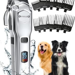 oneisall Dog Clippers for Grooming for Thick Heavy Coats/Low Noise Rechargeable Cordless Pet Shaver with Stainless Steel Blade/Waterproof Dog Shaver for Dogs Pets and Animals (Silver)
