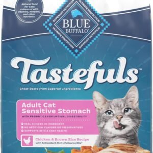 Blue Buffalo Tastefuls Natural Dry Food for Adult Cats, Sensitive Stomach, Chicken & Brown Rice Recipe, 15-lb Bag