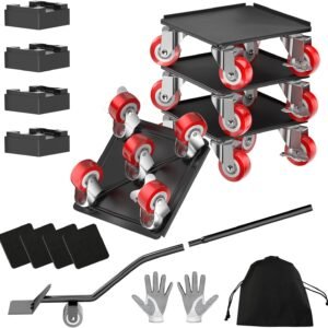 LOYAL TIGER Heavy Duty 1500LBS Furniture Dolly & Movers with 5X 360° Wheels – Carbon Steel Panel & Non-Slip Casters, Includes Lifter Jacks, Gliders for Sofa, Refrigerator (5.4 Inch, Red)