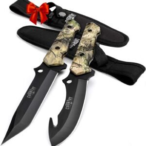 Mossy Oak Fixed Blade Hunting Knife Set – 2 Piece, Full Tang Handle Straight Edge and Gut Hook Blades Game Processing Knife, Sheath Included – Yellow Camo