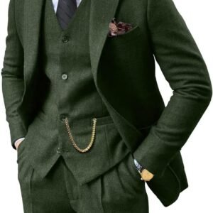 Retro 3 Piece Suit Tweed Herringbone Men’s Suits Slim Fit Groom Tuxedos Set Prom Brown Grey Jacket Blazer Vest Pants