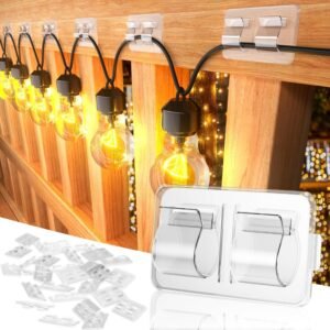 Keviyi Hooks for Outdoor String Lights Clips: 26Pcs Double Hooks for Hanging – Heavy Duty Clear Cable Clips with Waterproof Adhesive Strips – Outside Sticky Hooks Non-Slip No Drill