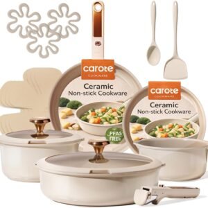 CAROTE 18Pcs Ceramic Cookware Set with Detachable Handle, Pots and Pans Set Non Stick, Non Toxic Cookware Set Removable Handles, Induction Kitchen Cookware Sets, Dishwasher/Oven Safe