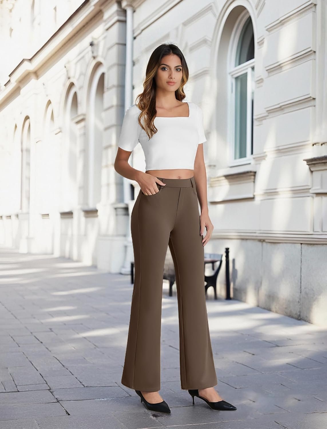 DLOODA Dress Work Pants Women Business Casual Slack Trousers Stretchy Pull On Office Flare Pants with Pockets - Image 3