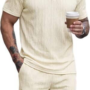 JMIERR Mens 2026 Casual 2 Piece Outfits Lounge Sets Jacquard Knit Short Sets Golf Short Sleeve Outfits for Beach Vacation