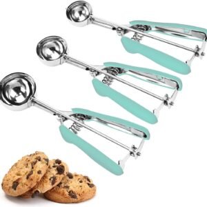 Cookie Scoop Set, 3Pcs Ice Cream Scoop, Cookie Scoops for Baking Set of 3, 18/8 Stainless Steel Cookie Scooper for Baking, Ice Cream Scooper with Trigger Release, Mint Soft Grip Cookie Dough Scoop