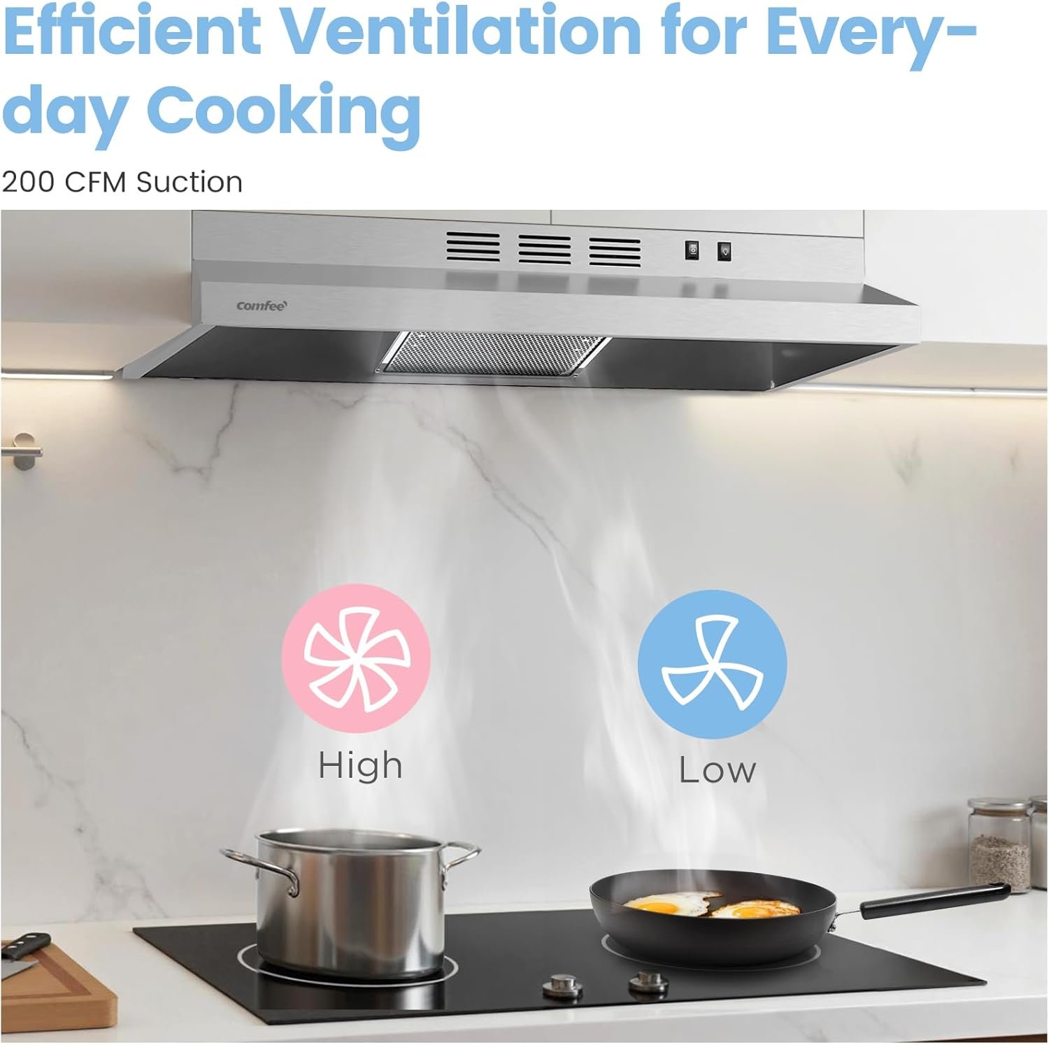 COMFEE' CVU30W2AST Range Hood 30 Inch Ducted Ductless Vent Hood Durable Stainless Steel Kitchen Hood for Under Cabinet with 2 Reusable Filter, 200 CFM, 2 Speed Exhaust Fan Silver - Image 4