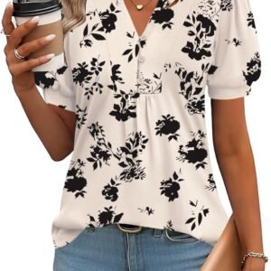 IECCP Womens Tops Puff Short Sleeve Shirts Dressy Casual Henley V-Neck Summer Tops Pleated T-Shirts Loose Fit Tunic Blouses
