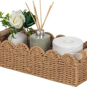 CubesLand Paper Rope Scalloped Edge Toilet Paper Storage Basket, Small Living Room, Bedroom Decor Baskets for Over Toilet Storage Shelf, End Table, Shelves and More, with 2 Wooden Handle, Neutral