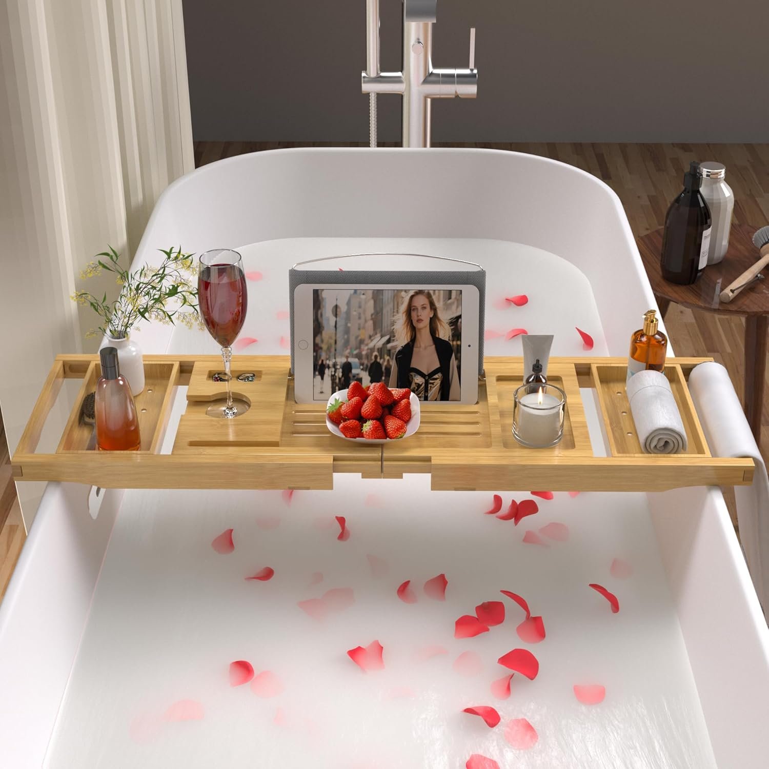 Bathtub Caddy Tray for Tub,Foldable Bath Table Trays,Bamboo Shelf with Book and Wine Glass Holder,Bathroom Accessories Suitable for Luxury Spa or Reading,Natural - Image 2