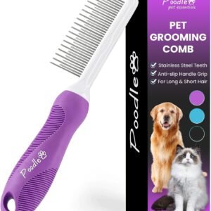 Poodle Pet Detangling Pet Comb with Long & Short Stainless Steel Teeth for Removing Matted Fur, Knots & Tangles – Detangler Tool Accessories for Safe & Gentle DIY Dog & Cat Grooming