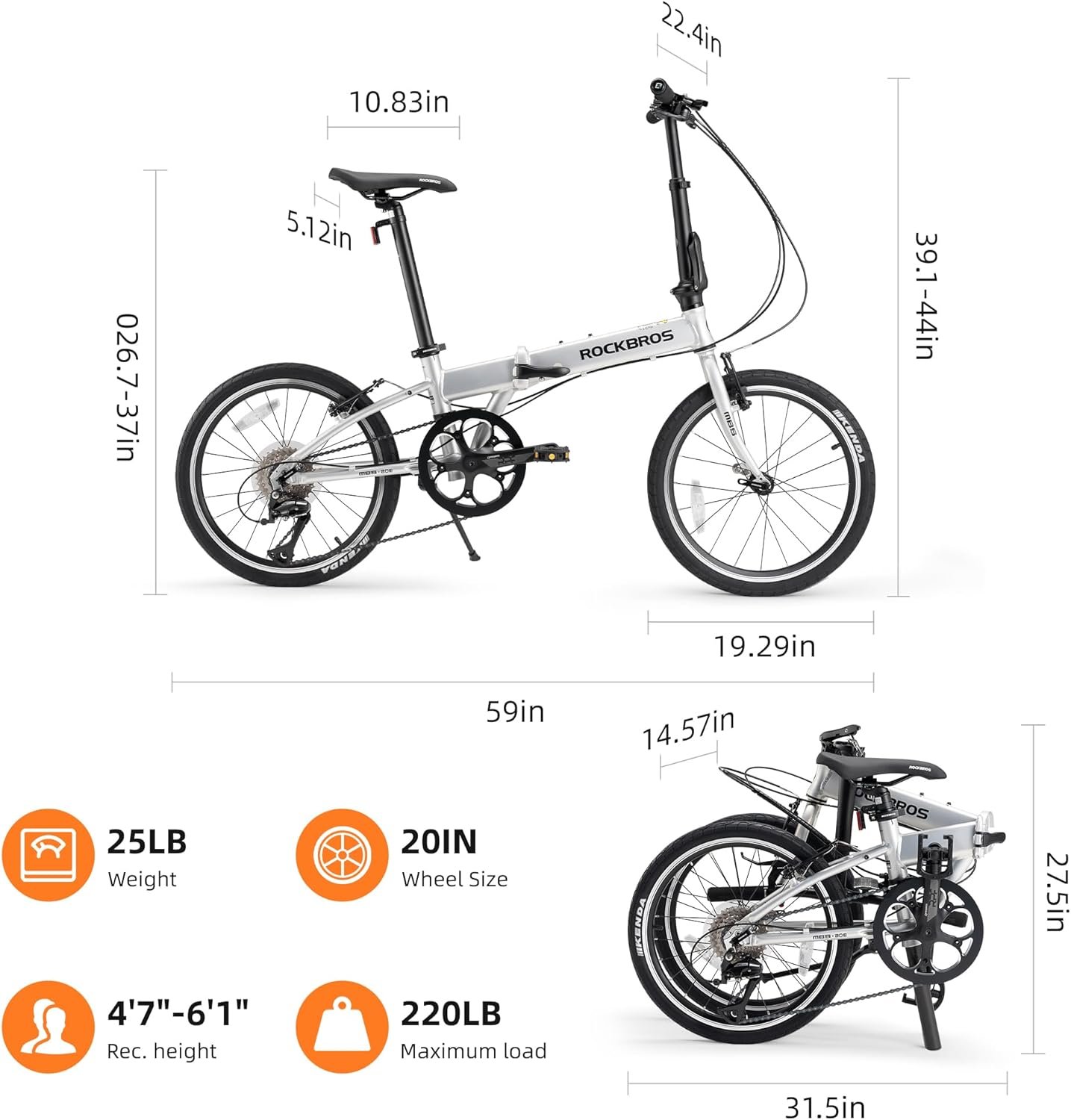 ROCKBROS MBS 20-Inch Folding Bike, 25 lb Portable Lightweight Aluminum Frame, Shimano 8-Speed, V-Brakes, Adjustable Foldable Commuter Bike for Adults & Women - Image 5