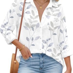 HOTOUCH Womens Button Down Shirts Linen Cotton Long Sleeve Blouses Casual Collared Loose Fit Gauze Tops with Pocket