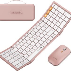 ProtoArc Foldable Keyboard and Mouse, XKM01 True Full-Size Folding Wireless Keyboard Mouse Combo for Business Travel, a Portable Office Suite On-The-Go, Compatible with Laptop iPad Tablet – Pink