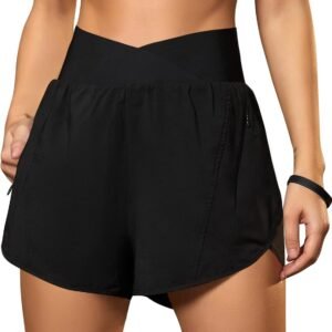 Blooming Jelly Women’s Workout Shorts Athletic Running Shorts Crossover High Waisted Gym Shorts with Zipper Pockets