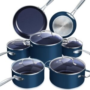 Nuwave Healthy Duralon Blue Ceramic Nonstick 12pc Cookware Set,Diamond Infused Scratch-Resistant,PFAS Free,Dishwasher & Oven Safe,Induction Ready & Evenly Heats, Tempered Glass Lids, Stay-Cool Handles