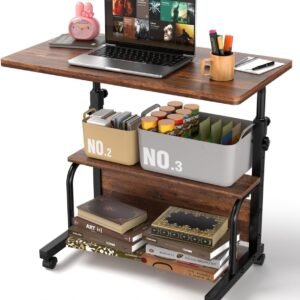 QZMDSM Portable Rolling Desk on Wheels Adjustable Height Desks for Small Spaces, 32″ Computer Desk Drafting Tables with Storage Shelves for Home Office Rustic