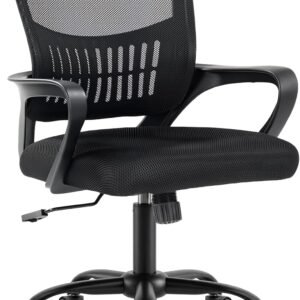 DUMOS Home Office Desk Chair – Ergonomic Mid Back with Lumbar Support & Rocking Mode, Height Adjustable with Fixed Armrest, for Conference, Computer, Meeting Room, 360° Swivel, Adults, Black