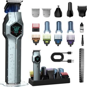 Beard Trimmer for Men, Magnetic Snap-on Replacement Heads & Charging Dock, IPX7 Waterproof Cordless Hair Clippers, Mens Grooming Kits for Mustache/Body/Face/Ear/Nose, Blue