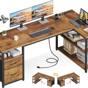 AODK 55 inch L Shaped Computer Desk with Drawers, Reversible Computer Desk with Storage Shelves, Home Office Desk with Built-in Power Outlet, Rustic Brown