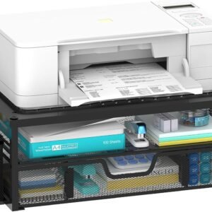 SUPEASY Printer Stand for Desk with Storage, 2-Tier Metal Monitor Stand Riser with Drawer and 2 Pen Holders, Multifunctional Desktop Organizer for Home Office Desk Accessories, Black