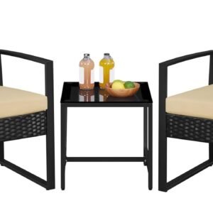 Yaheetech 3 Pieces Rattan Bistro Set, Indoor/Outdoor Wicker Patio Modern Conversation Furniture, 2 Chairs & Tempered Glass Coffee Table for Garden, Balcony, Backyard, Poolside, Black/Khaki