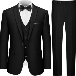 LUPURTY Men’s One Button 3-Piece Suits Slim Fit Tuxedo Set with Blazer Jacket Vest & Pants for Wedding Prom Business