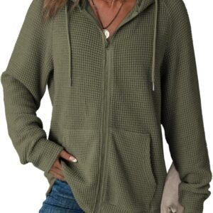 Dokotoo Women’s Full Zip Up Hoodies Waffle Knit Long Sleeve Drawstring Casual Sweatshirt Hooded Tops