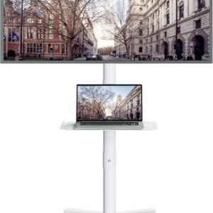 BONTEC Mobile TV Stand with Tilt, Rolling TV Stand on Wheels for 23–60 Inch LED LCD TVs, Portable TV Cart with Adjustable Media Shelf for Living Room, Bedroom, Holds 88 lbs, Max VESA 400x400mm, White