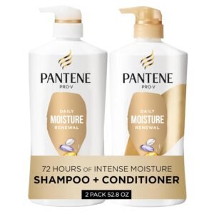 Pantene Shampoo & Conditioner Set, Daily Moisture Renewal – Pro-V Nutrients for Dry, Color-Treated, Straight to Curly Hair, 72-Hour Hydration & Softness, 52.8 Oz Total + Miracle Rescue Shot (0.5 Oz)