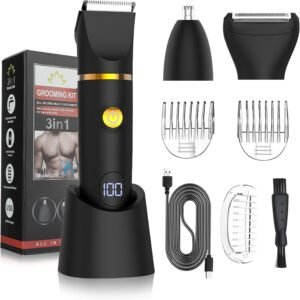 Qreeyx Manscape Body Trimmer for Men, 3 in 1 Men’s Grooming Kit with Pubic/Nose Hair Trimmer & Ball Shaver for Nose/Balls/Groin/Legs/Chest Hair Removal, LED Display, IPX6 Waterproof, Gifts for Him Dad
