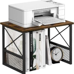 Printer Stand for Desk, Desktop Printer Stand Shelf Organzier for Home Office, for Above and Under Desk, Fax Machine Copier Scanner, Rustic Brown