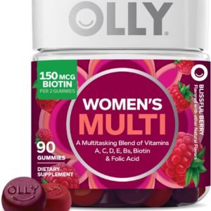 OLLY Women’s Multivitamin Gummy, Women’s Overall Wellness,* Vitamins A, C, D, E, Biotin, Folic Acid, Adult Chewable Supplement, Berry Flavored, 45 Day Supply – 90 Count