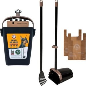 Arm & Hammer Dog Pooper Scooper Swivel Bin & Rake, Poop Scoop for Dogs, Black (2 Heavy Duty Scented Waste Bags Included)