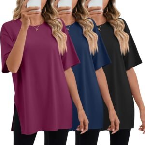 Huukeay 3 Pack Women’s Oversized Gym T Shirts Short Sleeve Side Split Crewneck Tops Casual Summer Workout Baggy Basic Tee