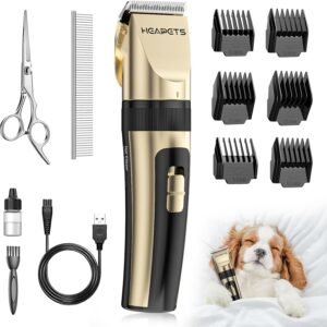 HEAPETS Dog Grooming Clippers, Low Noise, Electric Quiet, Adjustable Clipper Comb, Rechargeable Cordless Dog Hair Clippers for Dogs Cats Pets, Gold