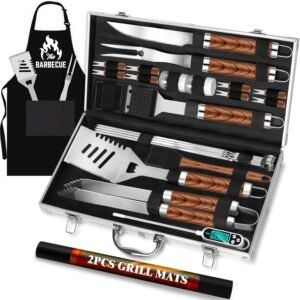 ROMANTICIST 26pcs Grilling Gifts for Men, Dad Gifts for Father’s Day, Stainless Steel BBQ Grill Accessories Tools Set, Heavy Duty BBQ Utensils Kit with Apron, Thermometer, Mats in Aluminum Case Brown