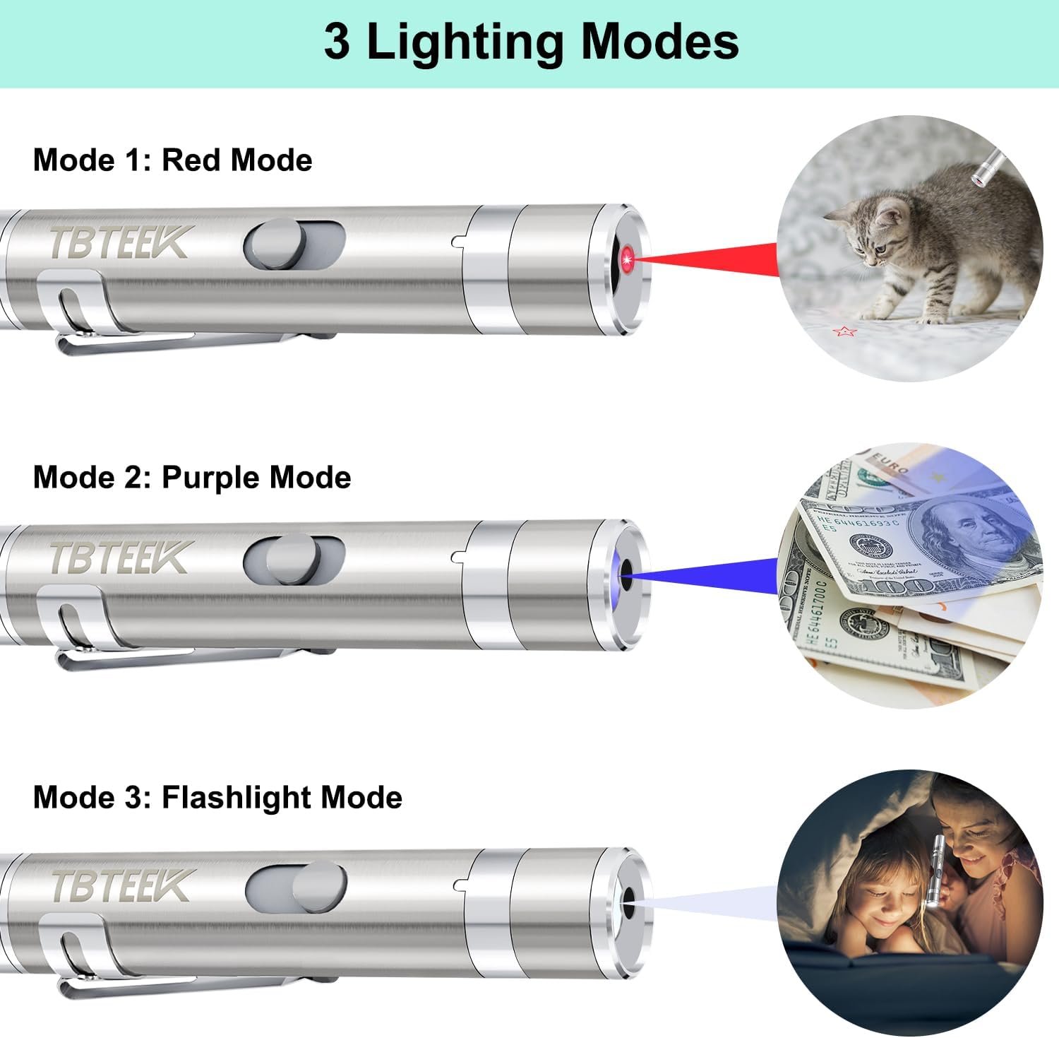 TBTeek Cat Toys, Rechargeable, 3 Light Modes & 5 Fun Patterns, Portable Interactive Kitten Pet Dog Cat Mouse Toy for Fun Chase Play Exercise - Image 3