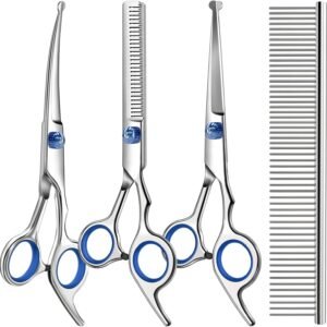 Professional 4 in 1 Dog & Cat Grooming Scissors Kit with Safety Round Tips,Sharp & Durable,Dog Shears for Grooming – Includes Straight, Curved, Thinning Scissors and Comb – Premium Pet Supplies