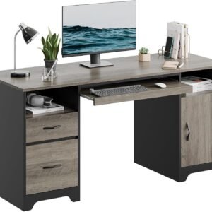 Bestier 59” Executive Desk with 2 Drawers, Computer Desk with Storage Cabinet, Industrial Wood Desk with File Drawer, Keyboard Tray & 2 Pedestals for Home Office & Studio, Gray