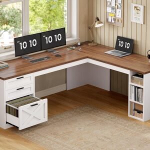 SEDETA Farmhouse 67″ L Shaped Desk with 3 Drawers, White Corner Computer Desk with Storage Shelves, Home Office Desks with Power Outlets，Executive Desk for Home Office, White and Brown