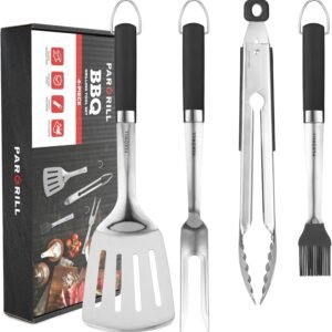 PARGRILL Grill Accessories Heavy Duty BBQ Set Gifts for Men/Women – Premium Stainless Steel Spatula, Fork, Brush & Tongs, Barbecue Utensils Tool Kit Gift for Grilling Lover Outdoor