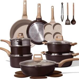 CAROTE 21 PCS Ceramic Cookware Set, Pots and Pans Set Non Stick, Pot and Pan Set with Frying Pan, Induction Ready Cooking Set for Kitchen, PFOS/PFOA/PFAS Free, Brown